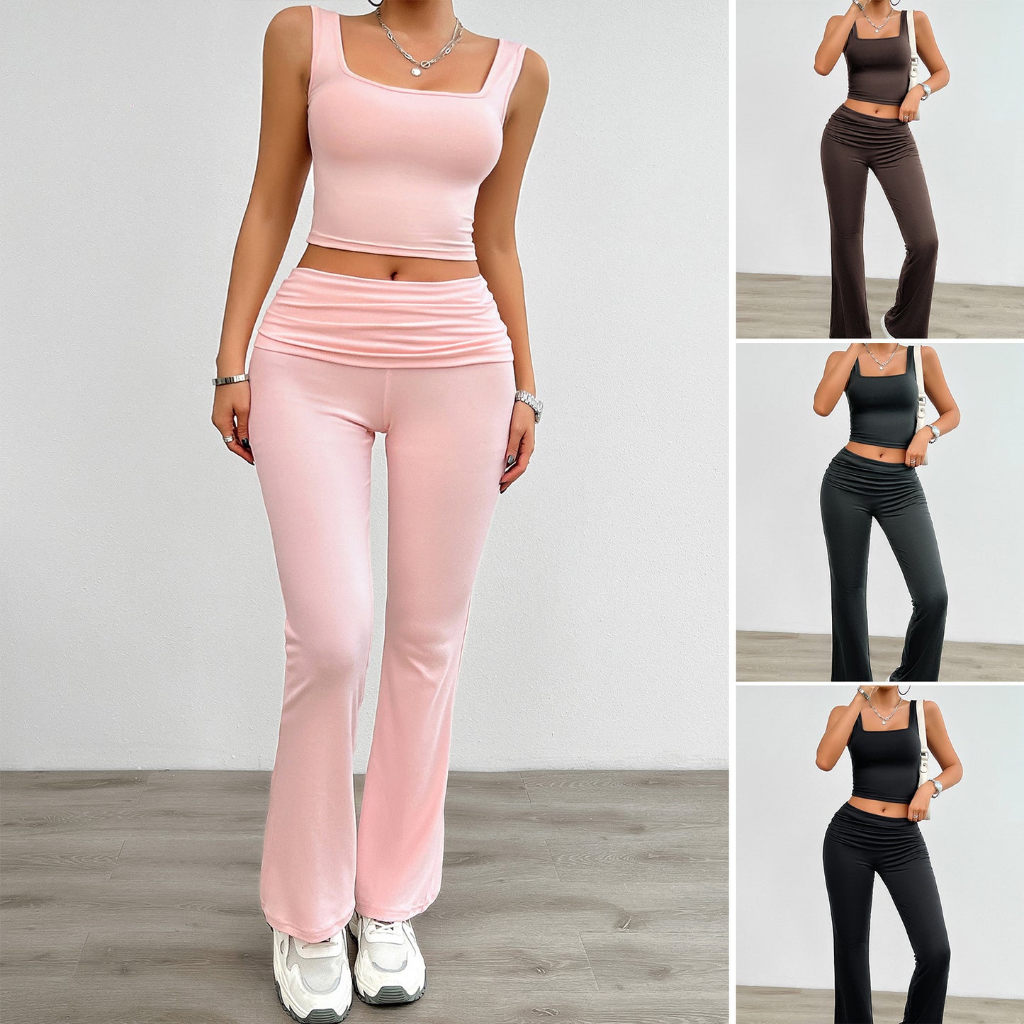 Women’s Fashion Casual 2-Piece Set: Solid Color Top & Leggings