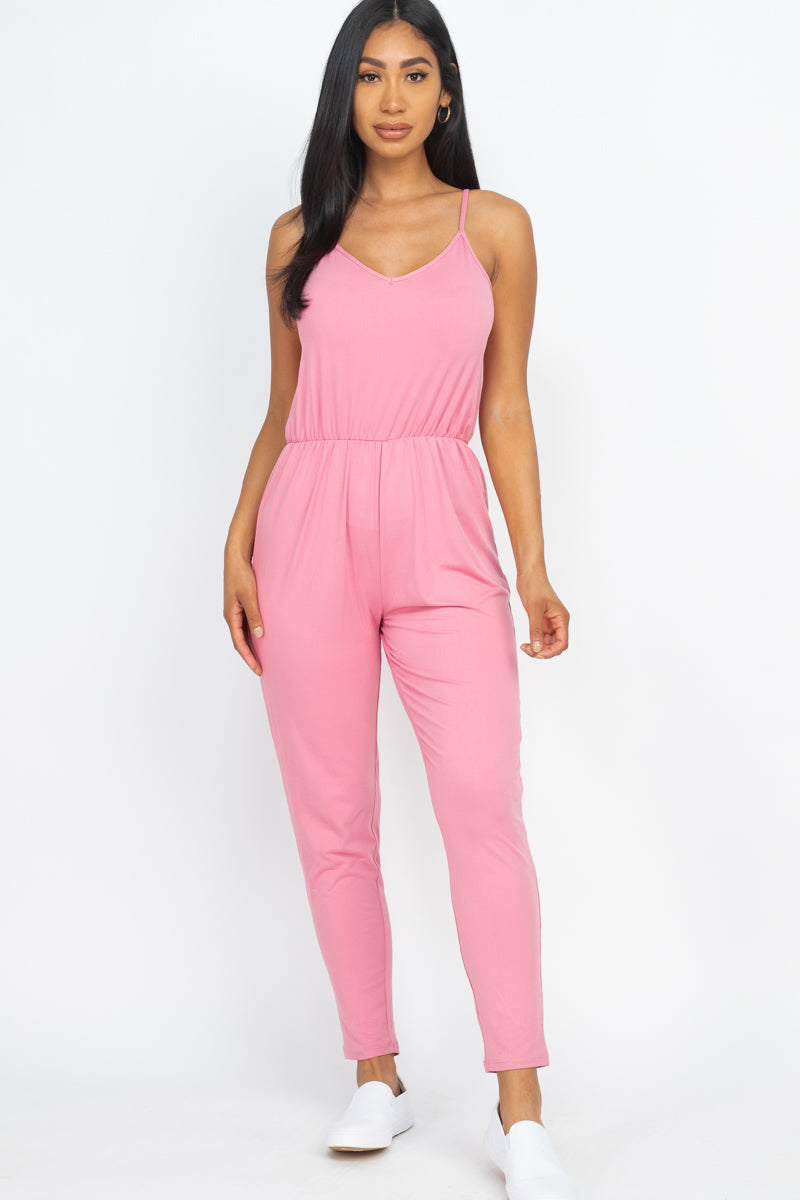 Solid Spaghetti Strap Elastic Waist Jumpsuit