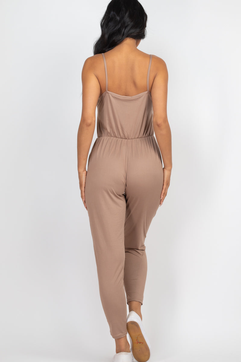 Solid Spaghetti Strap Elastic Waist Jumpsuit