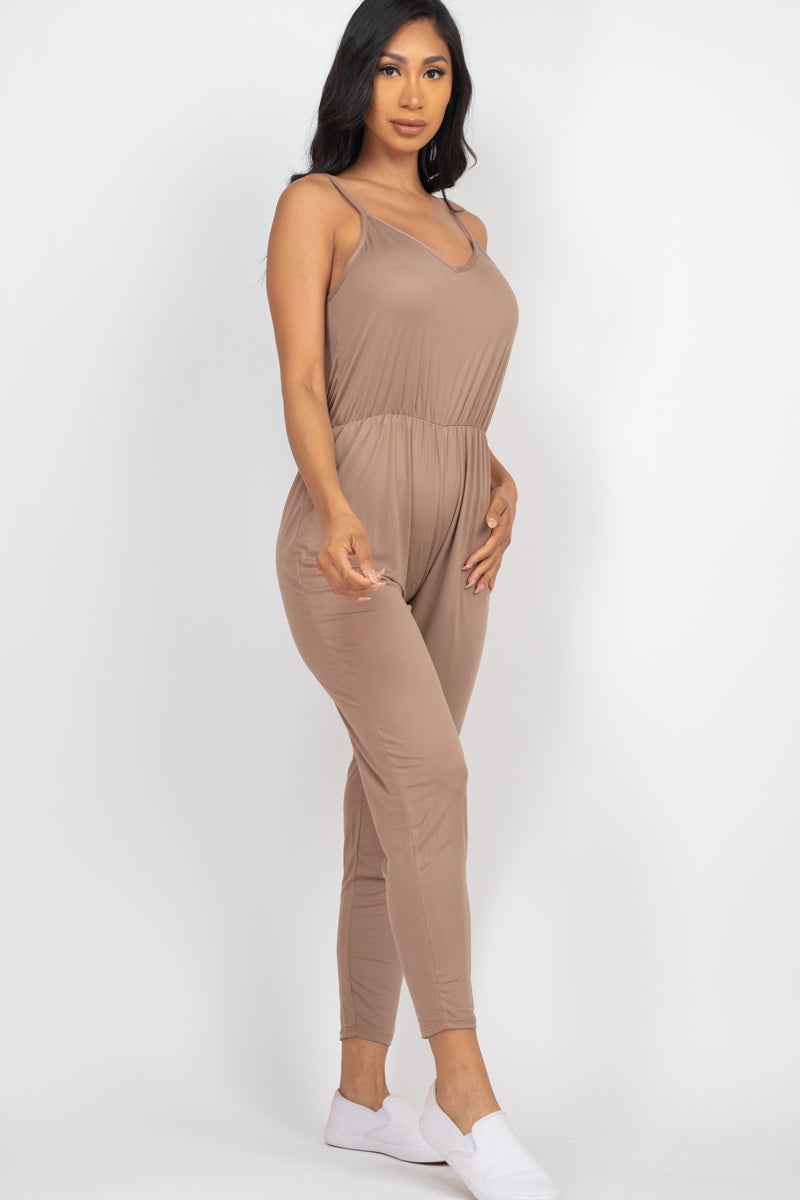 Solid Spaghetti Strap Elastic Waist Jumpsuit