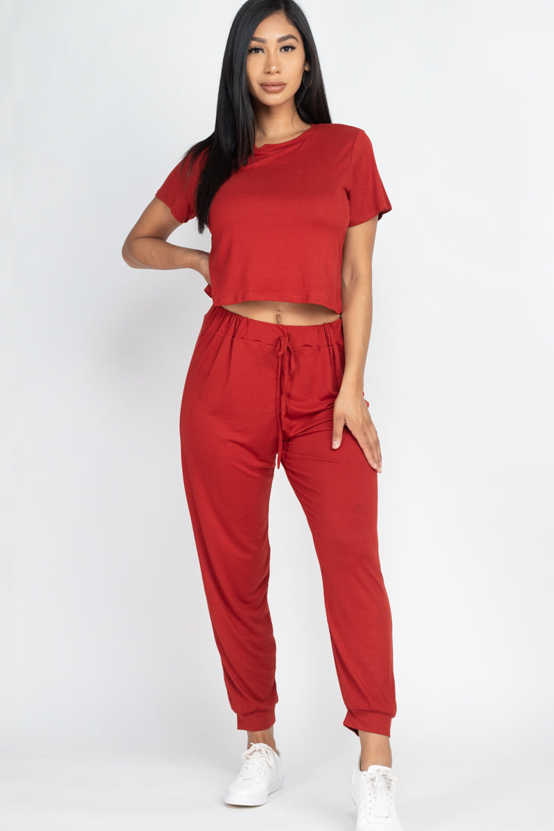 Solid Basic Loose Short Sleeve Top & Pants Set