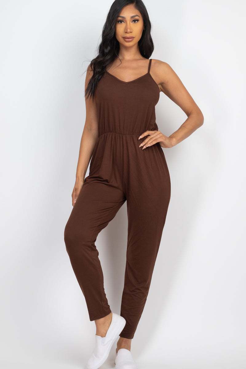 Solid Spaghetti Strap Elastic Waist Jumpsuit