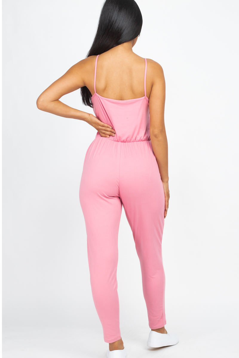 Solid Spaghetti Strap Elastic Waist Jumpsuit