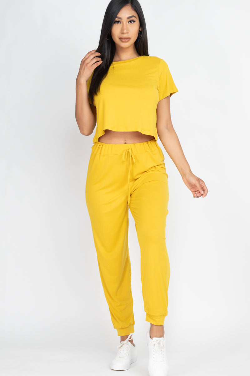 Solid Basic Loose Short Sleeve Top & Pants Set