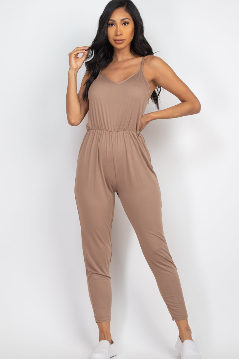 Solid Spaghetti Strap Elastic Waist Jumpsuit