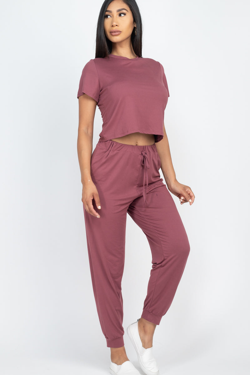 Solid Basic Loose Short Sleeve Top & Pants Set