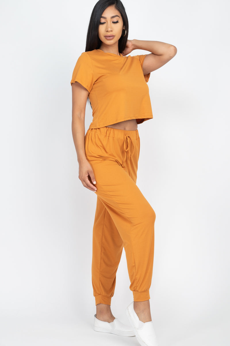 Solid Basic Loose Short Sleeve Top & Pants Set