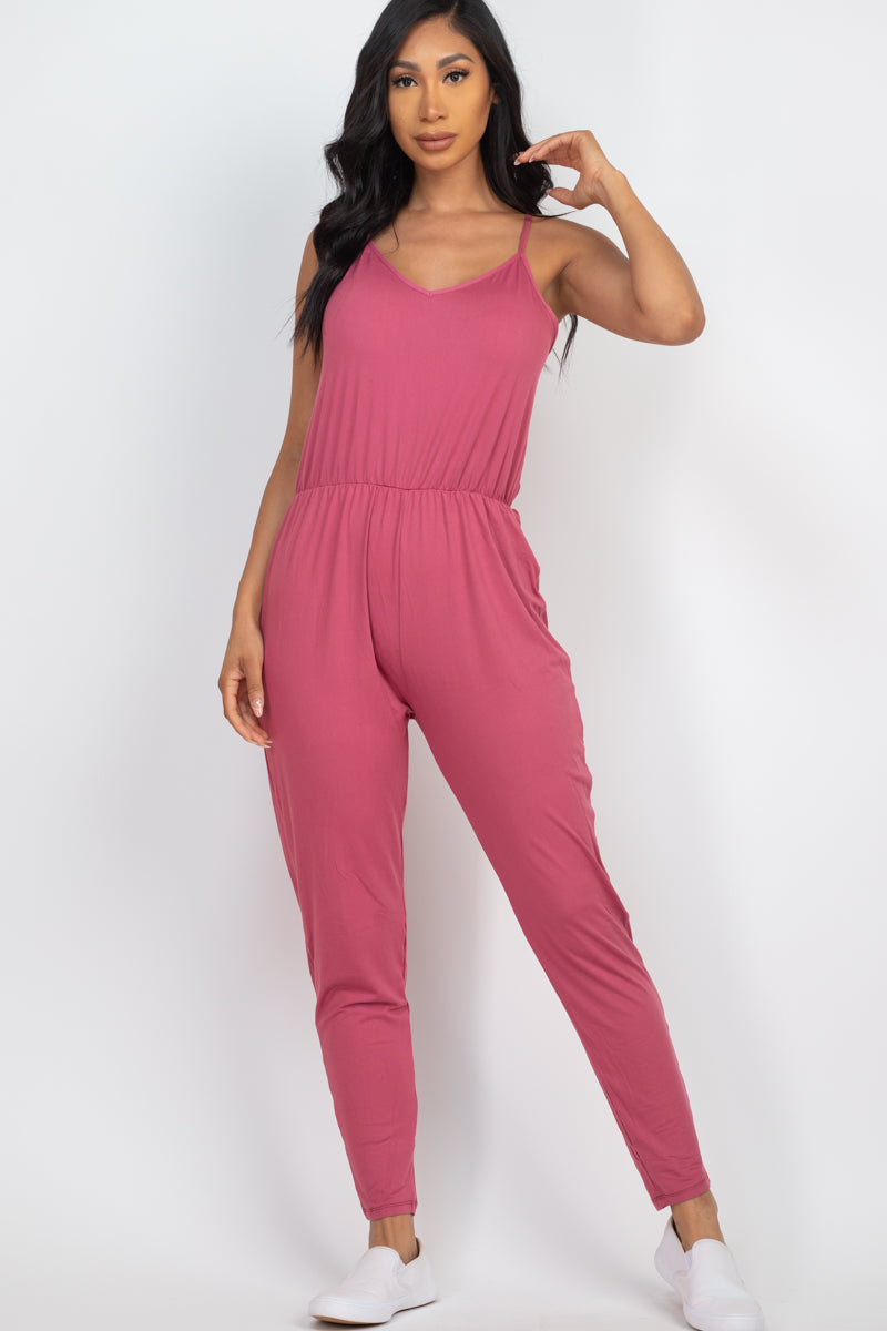 Solid Spaghetti Strap Elastic Waist Jumpsuit