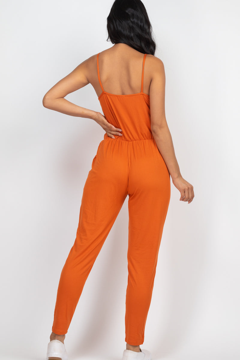 Solid Spaghetti Strap Elastic Waist Jumpsuit