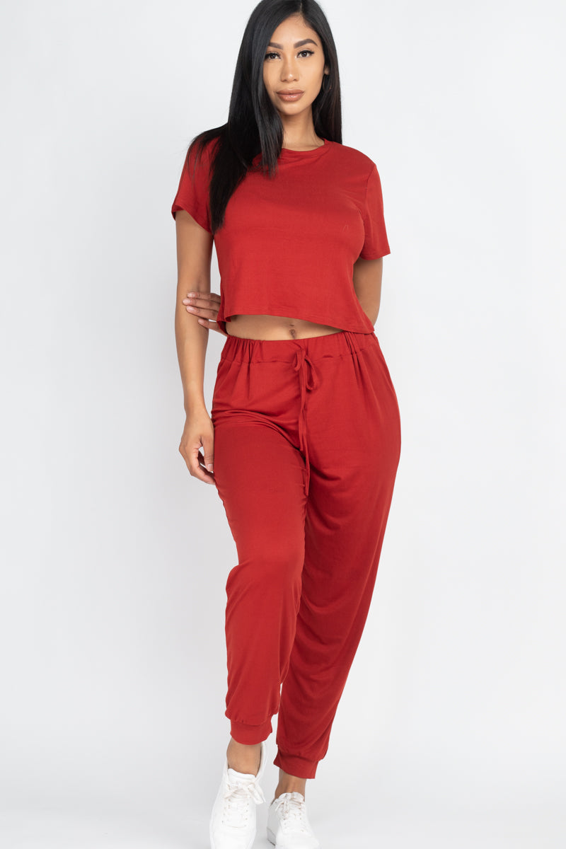 Solid Basic Loose Short Sleeve Top & Pants Set