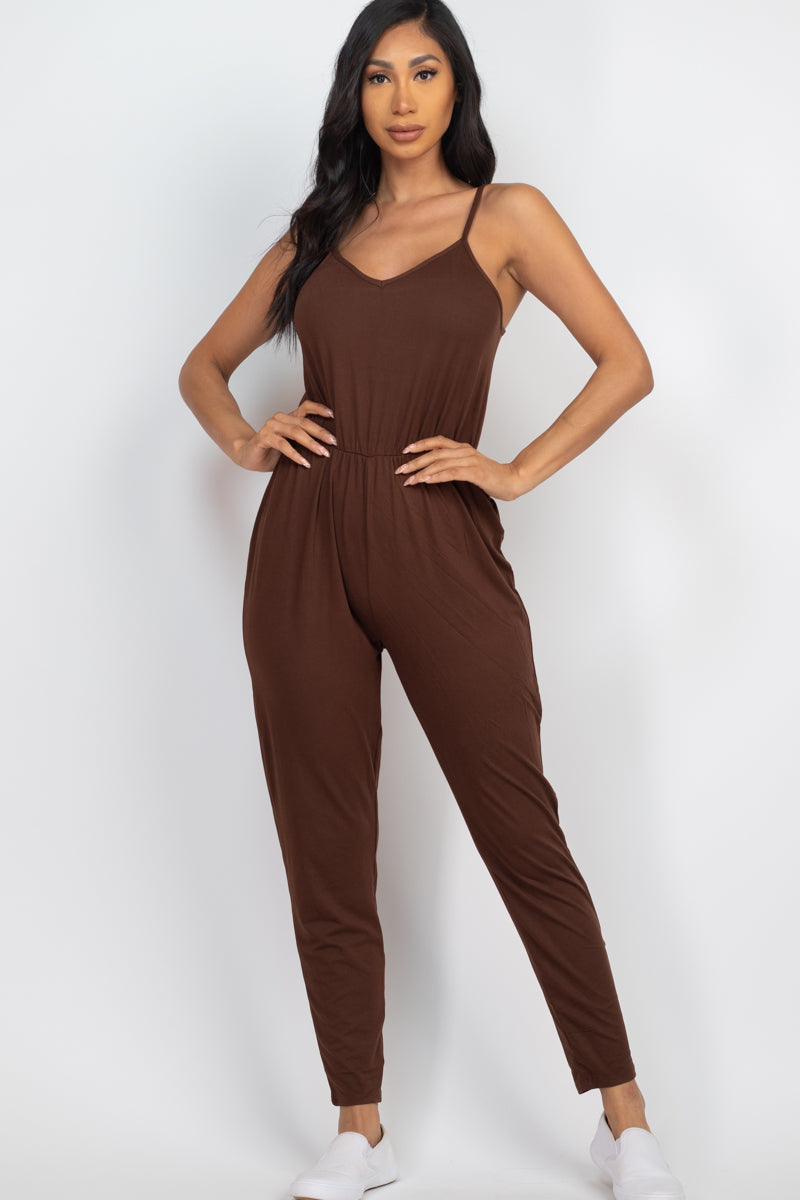 Solid Spaghetti Strap Elastic Waist Jumpsuit