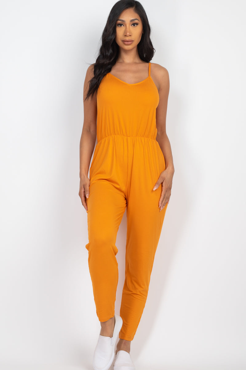 Solid Spaghetti Strap Elastic Waist Jumpsuit