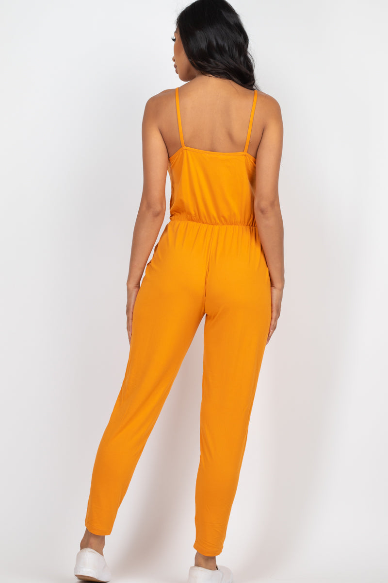 Solid Spaghetti Strap Elastic Waist Jumpsuit