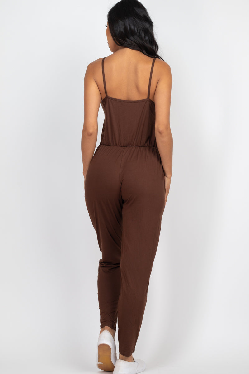 Solid Spaghetti Strap Elastic Waist Jumpsuit