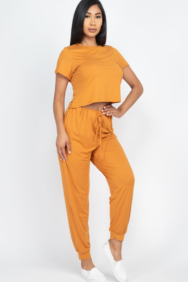 Solid Basic Loose Short Sleeve Top & Pants Set