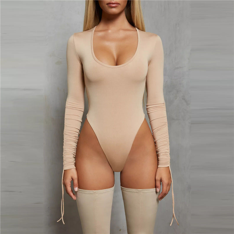 Sexy Solid Color Long Sleeve Scoop Neck Bodysuit