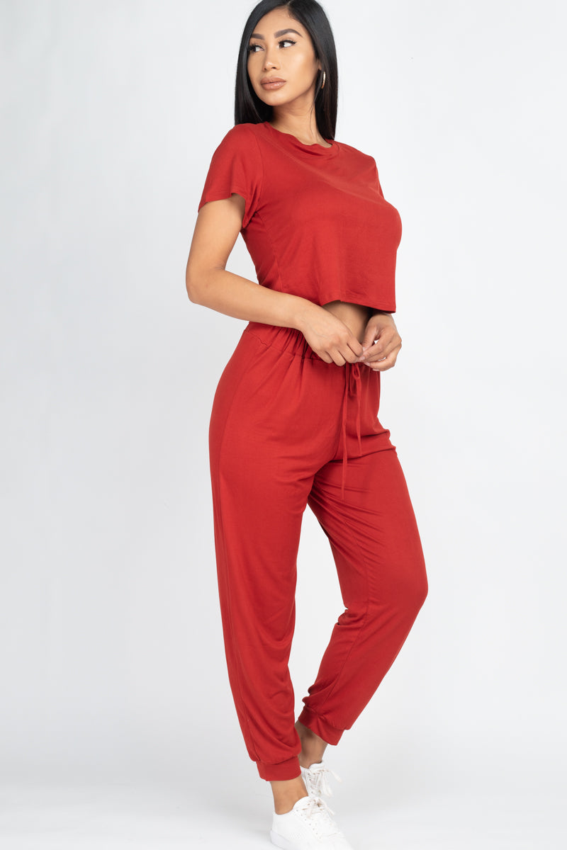 Solid Basic Loose Short Sleeve Top & Pants Set