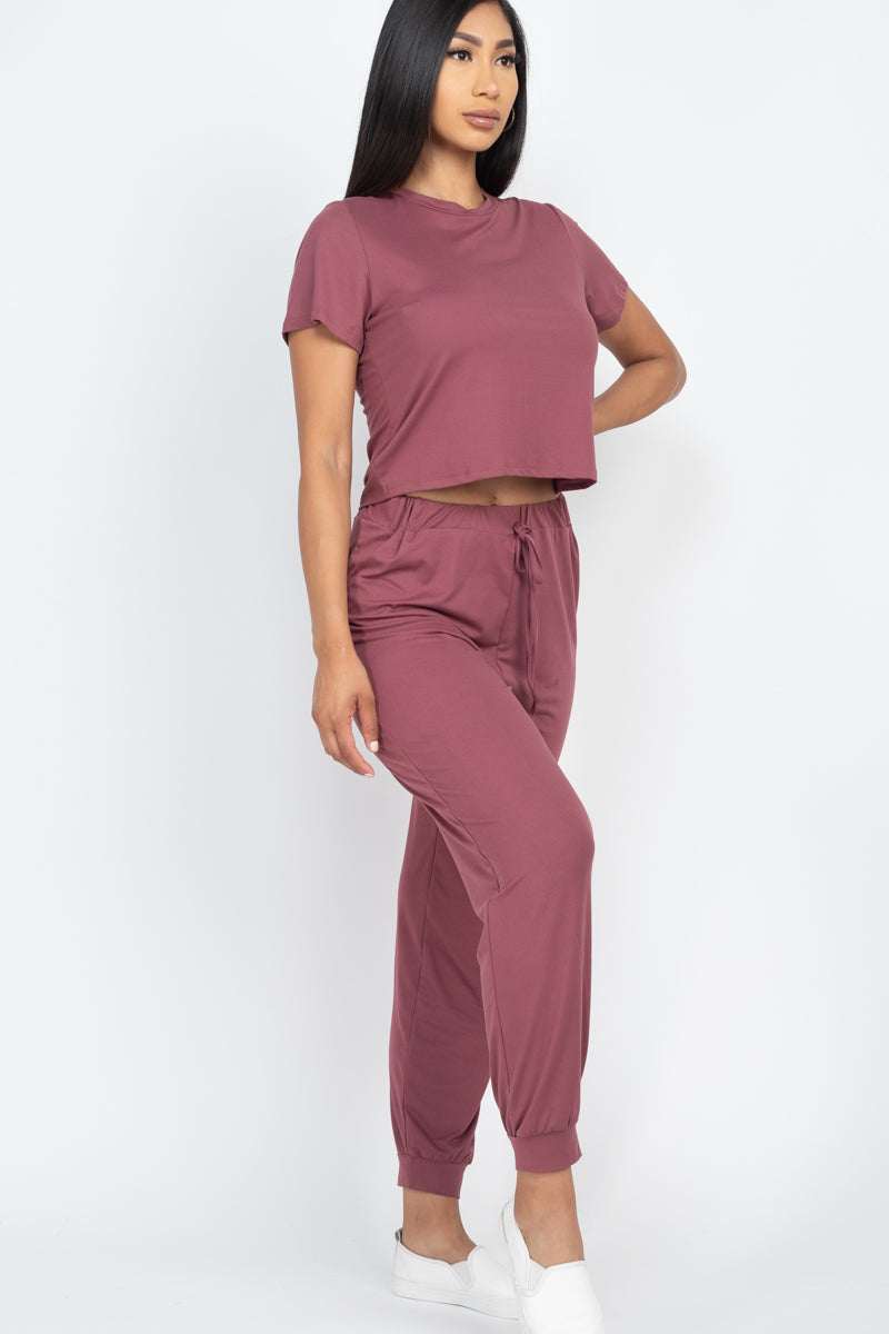 Solid Basic Loose Short Sleeve Top & Pants Set