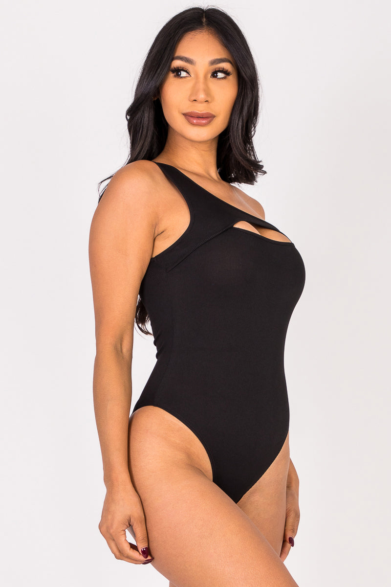 Ribbed Knit Cut Out One Shoulder Bodysuit (CAPELLA)