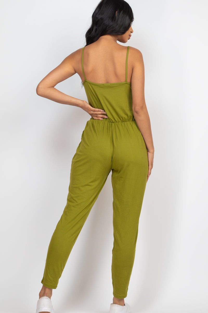 Solid Spaghetti Strap Elastic Waist Jumpsuit