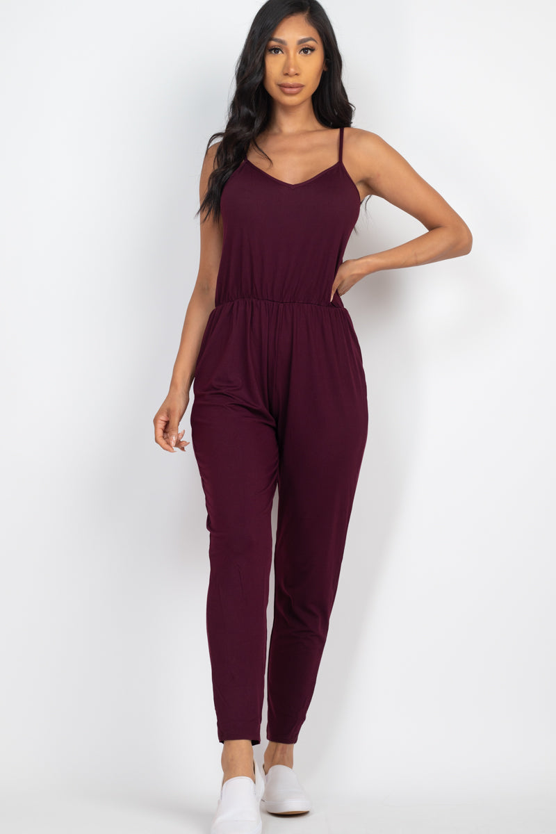 Solid Spaghetti Strap Elastic Waist Jumpsuit