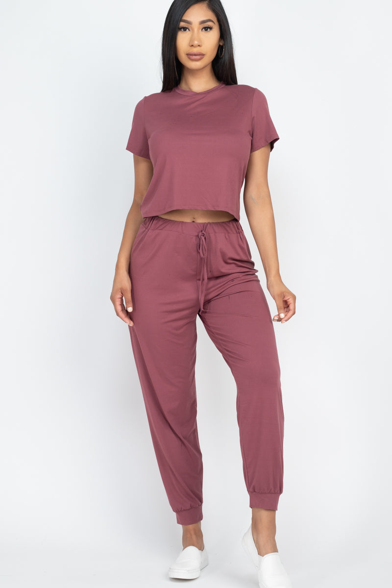 Solid Basic Loose Short Sleeve Top & Pants Set