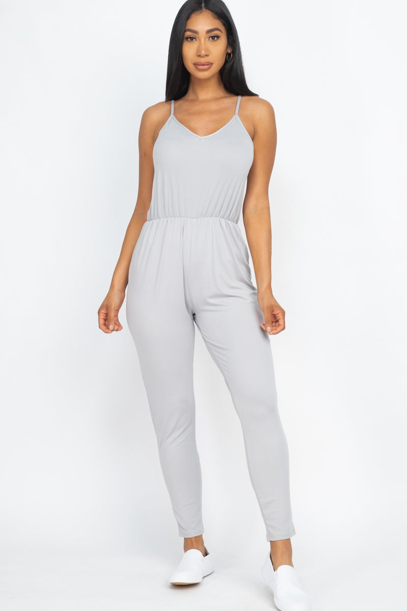 Solid Spaghetti Strap Elastic Waist Jumpsuit