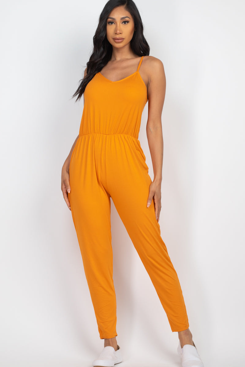 Solid Spaghetti Strap Elastic Waist Jumpsuit