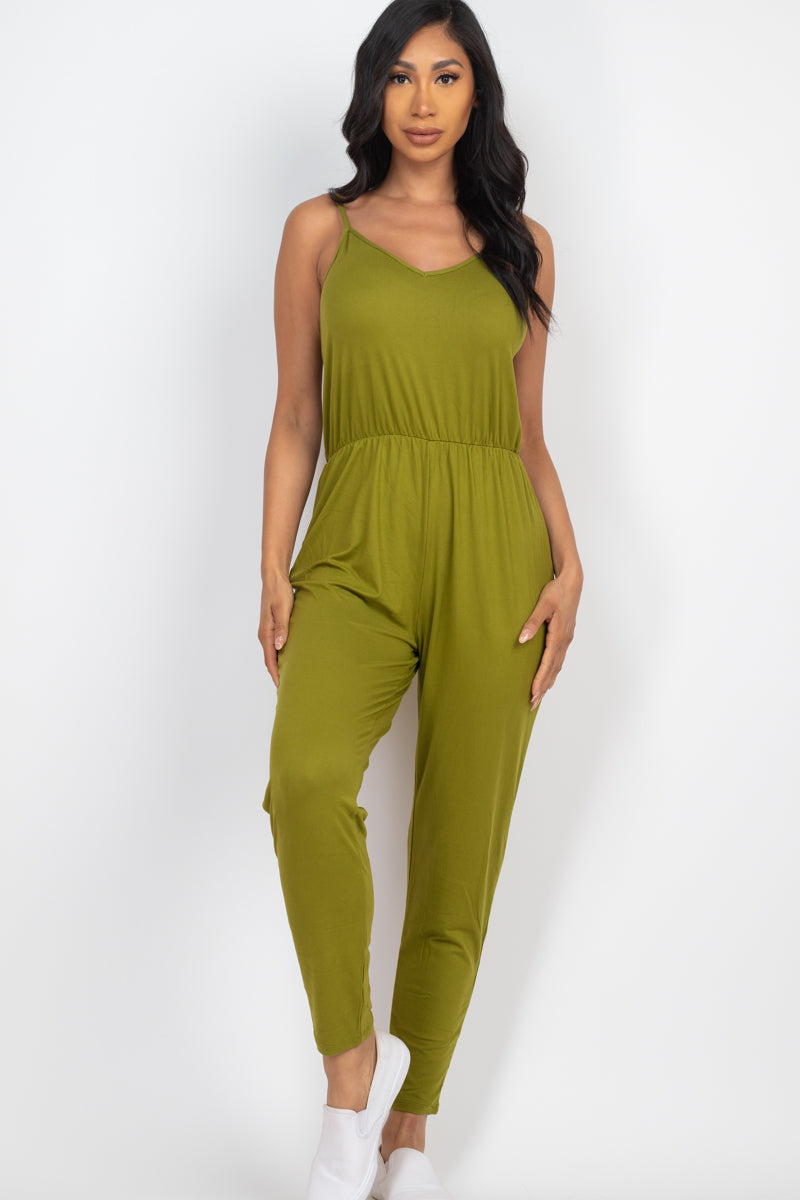 Solid Spaghetti Strap Elastic Waist Jumpsuit