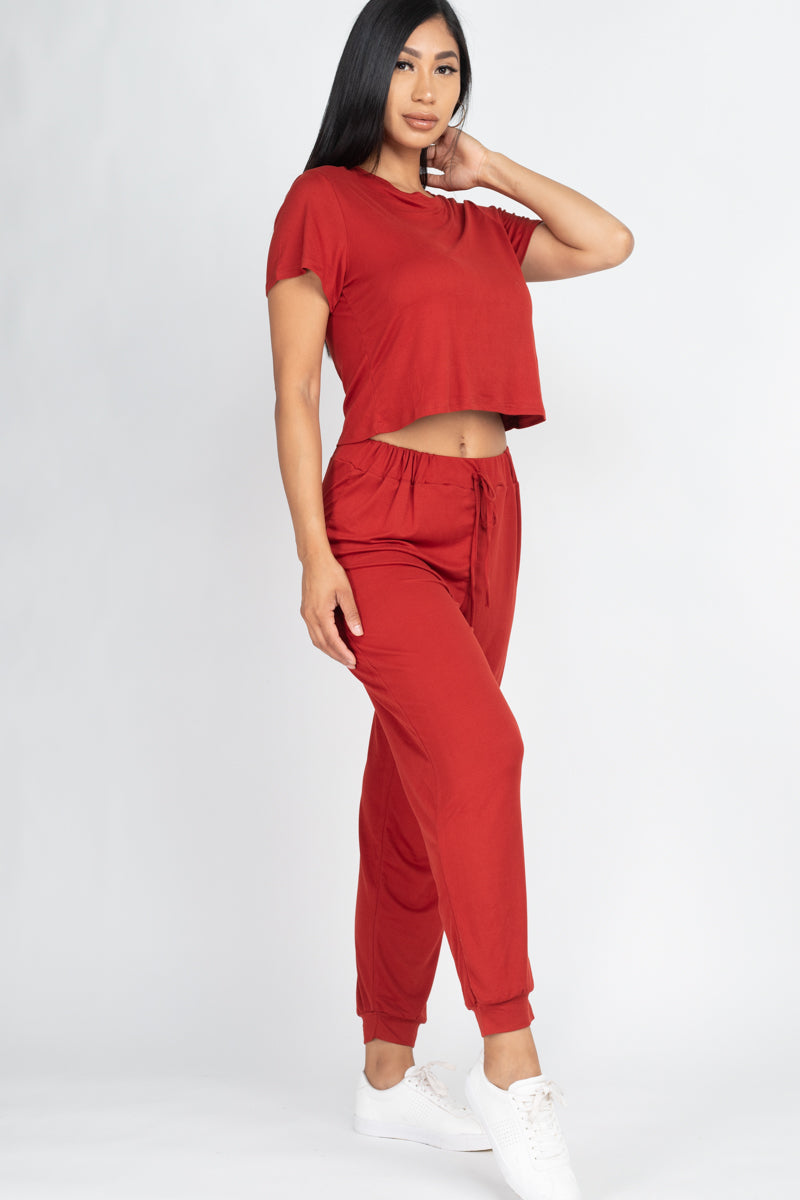 Solid Basic Loose Short Sleeve Top & Pants Set