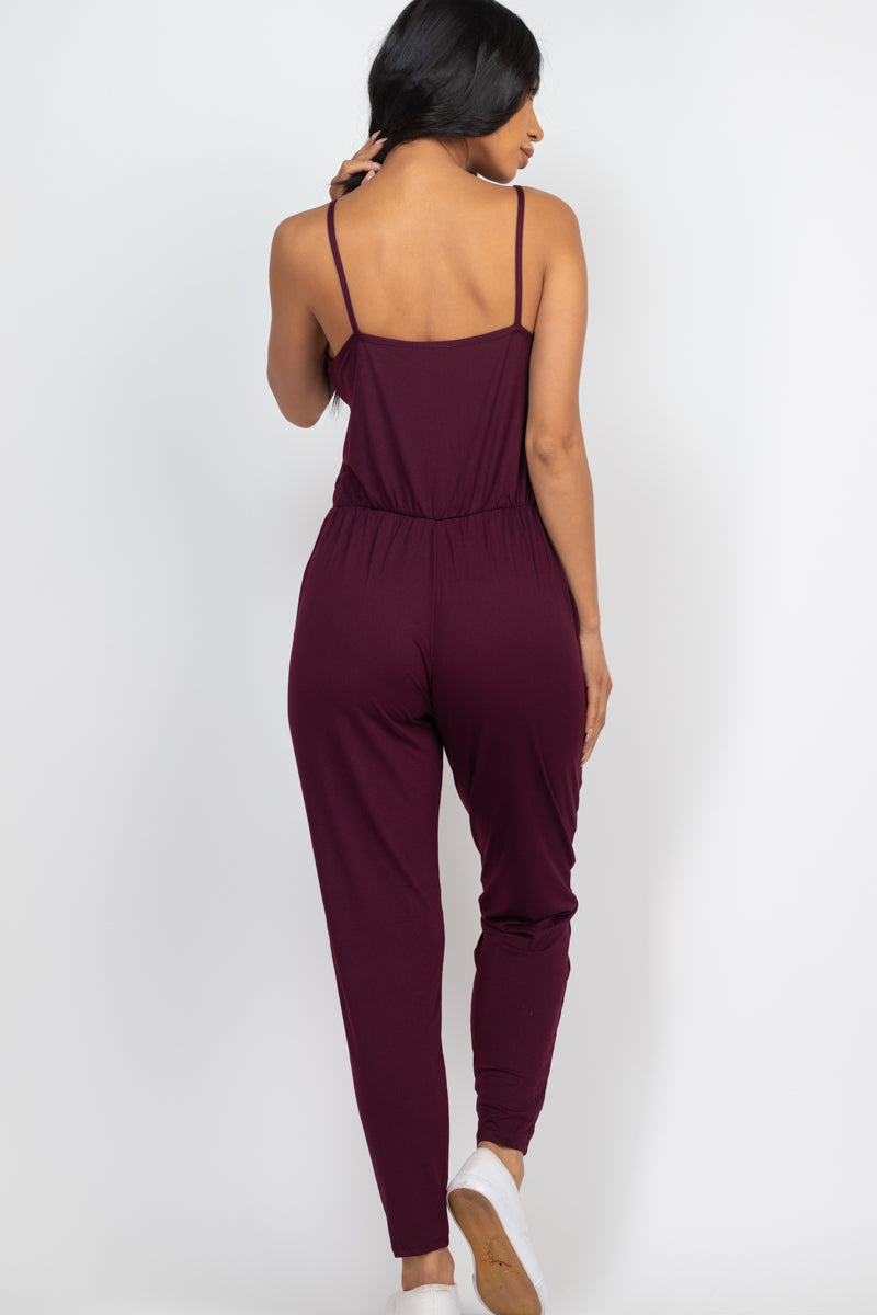 Solid Spaghetti Strap Elastic Waist Jumpsuit