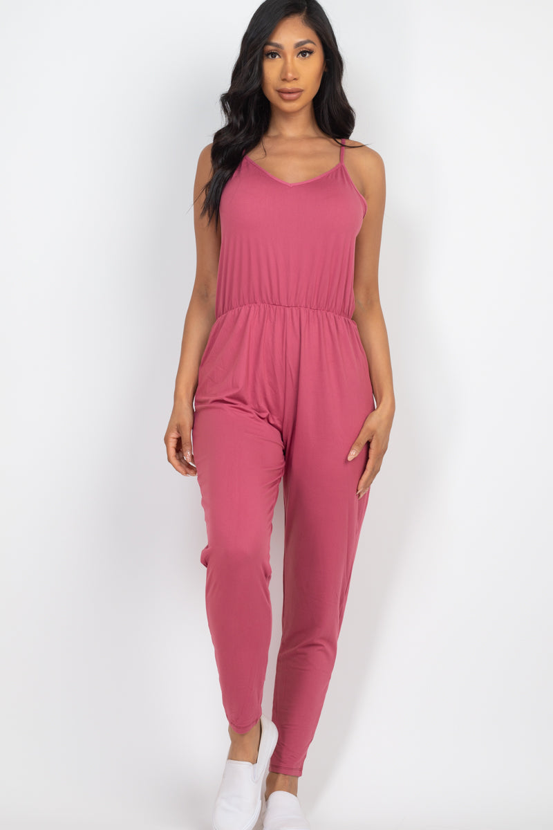 Solid Spaghetti Strap Elastic Waist Jumpsuit