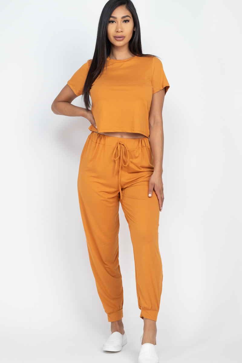 Solid Basic Loose Short Sleeve Top & Pants Set