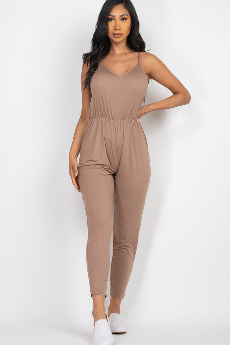 Solid Spaghetti Strap Elastic Waist Jumpsuit