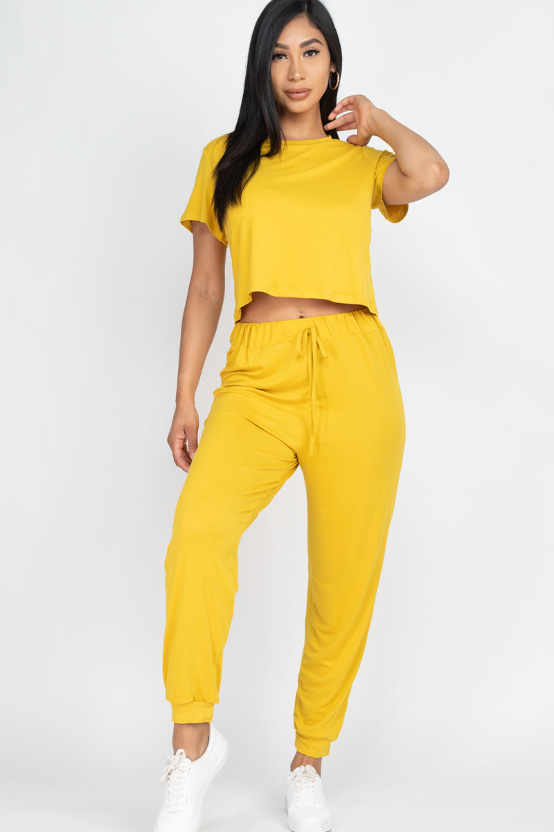 Solid Basic Loose Short Sleeve Top & Pants Set