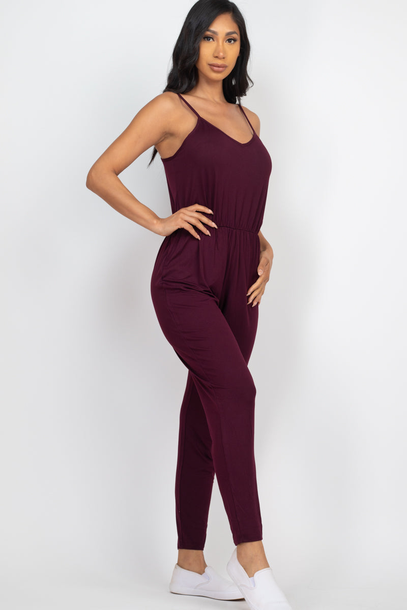 Solid Spaghetti Strap Elastic Waist Jumpsuit