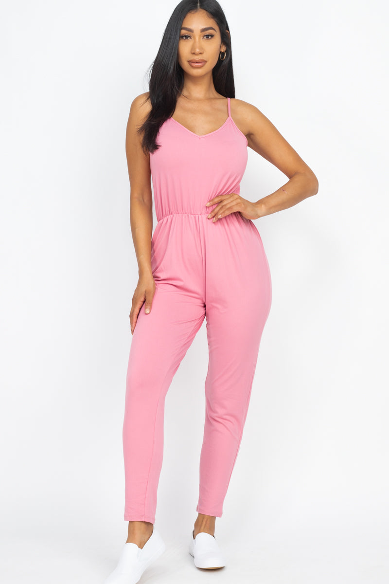 Solid Spaghetti Strap Elastic Waist Jumpsuit