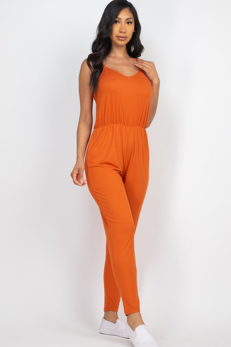 Solid Spaghetti Strap Elastic Waist Jumpsuit