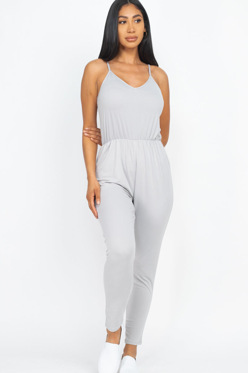 Solid Spaghetti Strap Elastic Waist Jumpsuit