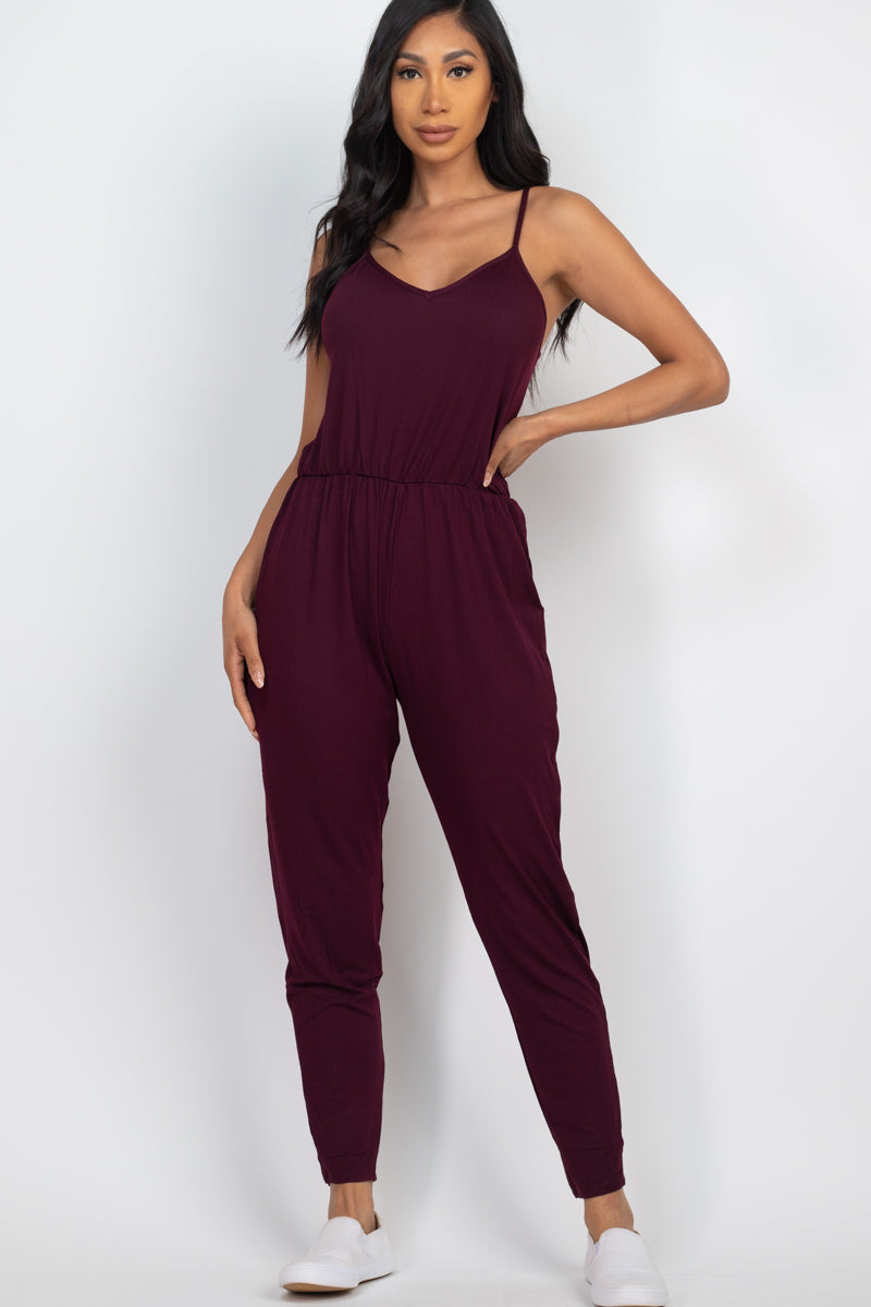 Solid Spaghetti Strap Elastic Waist Jumpsuit