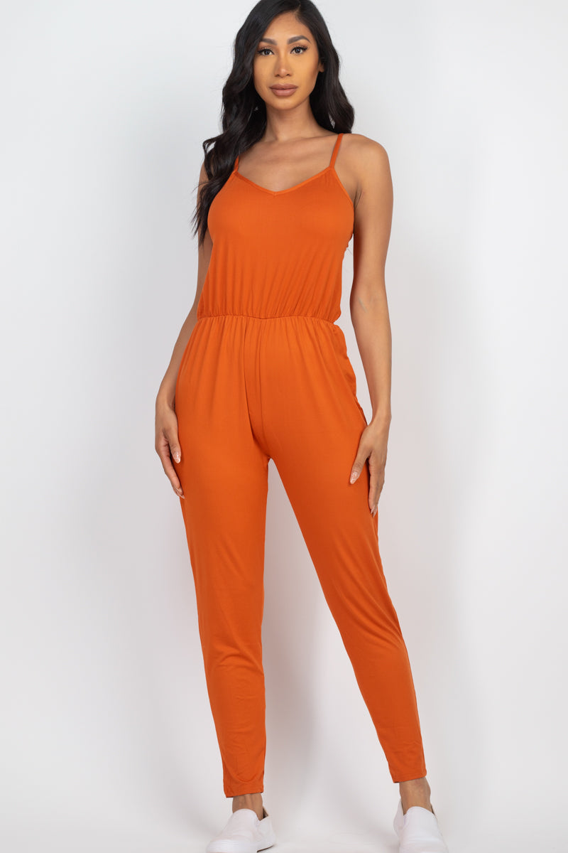 Solid Spaghetti Strap Elastic Waist Jumpsuit